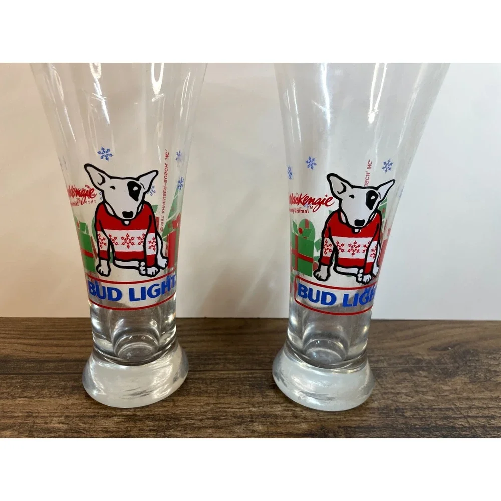 Vintage Lot of 2 Bud Light Spuds MacKenzie Christmas Beer Drinking Glass 1987